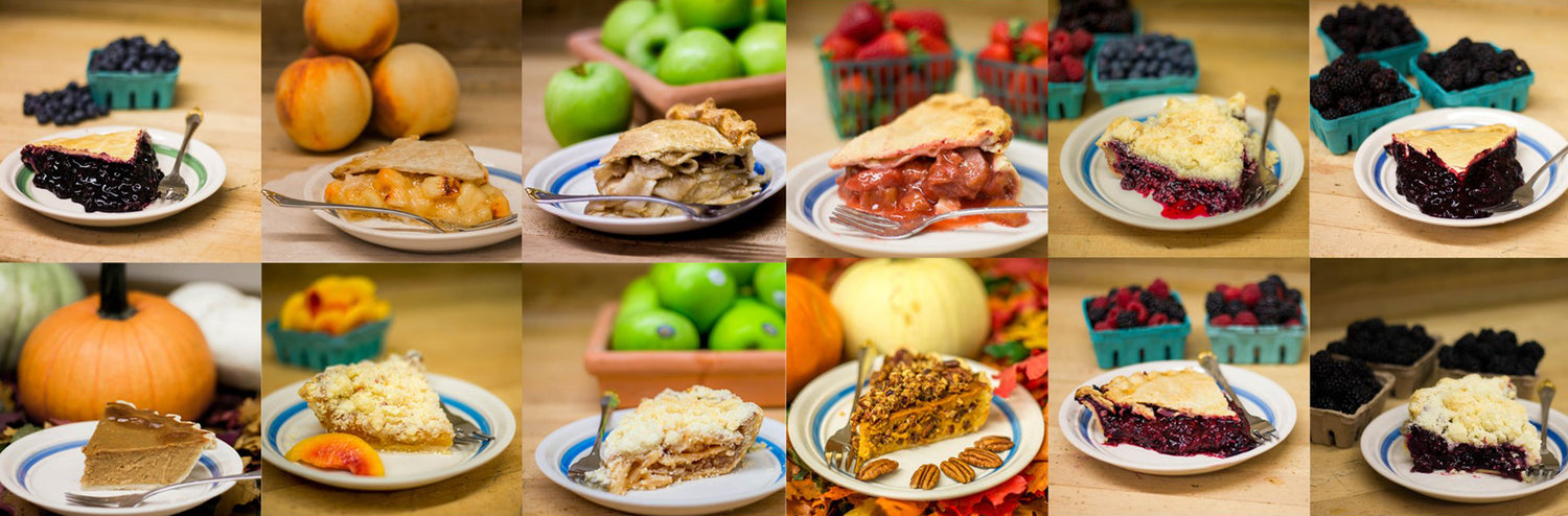 Multiple photos of ikedas pies: blueberry, peach, apple, strawberry, marionberry, etc.
